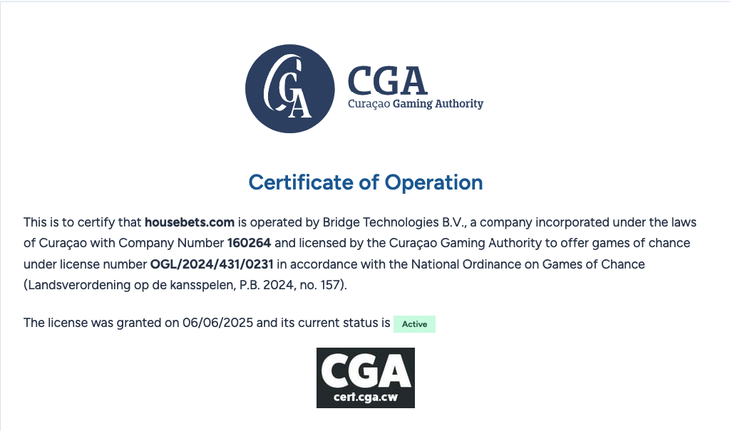 Housebets CGA License